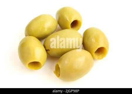Group of wet olives without seed core isolated on white background Stock Photo