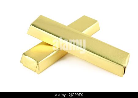Two blank elegant chocolate sticks wrapped in golden foil isolated on white backgorund Stock Photo