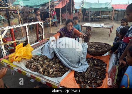 July 11, 2022, Lahore, Punjab, Pakistan: Pakistani gypsy spread salted meat for drying on a charpai collected from different places during the 2nd day of the Muslims Eid al-Adha celebration or Festival of Sacrifice in Lahore. Muslims celebrate Eid al-Adha or Feast of Sacrifice, the second of two Islamic holidays celebrated worldwide marking the end of the annual pilgrimage or Hajj to the Saudi holy city of Mecca and commemorating the willingness of the Prophet Ibrahim, Abraham to Christians and Jews, to sacrifice his son. During the holiday, which in most places lasts four days, Muslims Slaugh Stock Photo