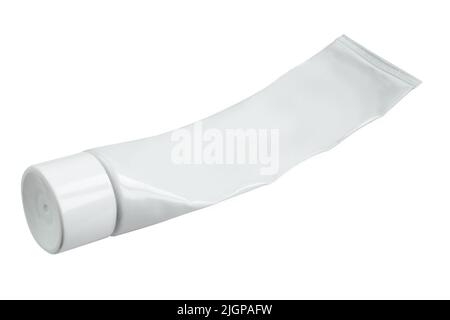 Blank and empty cream container isolated on white background. Squeezed lotion packaging Stock Photo