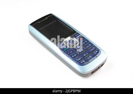 Blue used cellphone isolated on white background Stock Photo