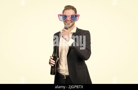 Toastmaster Microphone Happy guy conferencier give toast with wine to microphone, toastmaster ...