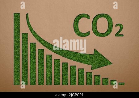 Reduction of CO2 emissions into the atmosphere. Net zero emissions. 3D rendering of air pollution reduction. Chart for reducing carbon emissions Stock Photo