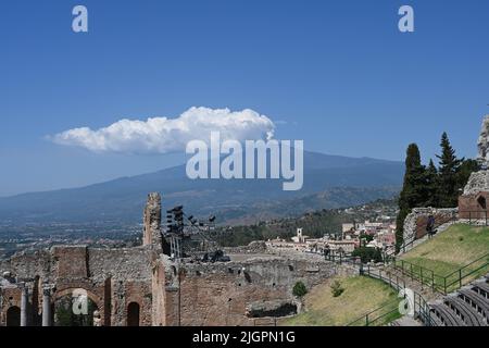 Greek amphitheatre Taormina Sicily with Mt Etna Stock Photo