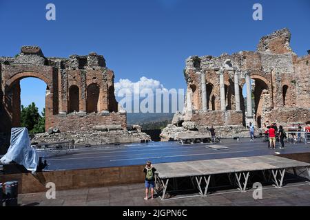 Greek amphitheatre Taormina Sicily with Mt Etna Stock Photo