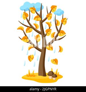 Autumn tree with falling yellow leaves. Seasonal nature illustration. Stock Vector