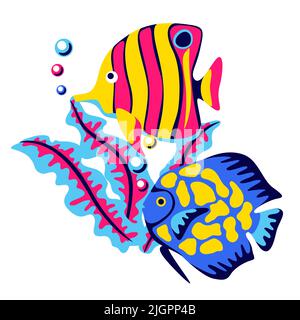 Background with tropical fishes. Marine life aquarium and sea animals. Stylized image in bright colors. Stock Vector