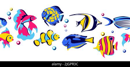 Seamless pattern with tropical fishes. Marine life aquarium and sea animals. Stylized image in bright colors. Stock Vector