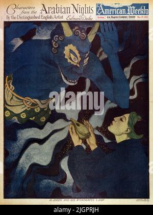 'Aladdin and his Wonderful Lamp' published on March 22, 1925 in the American Weekly Sunday Magazine painted by Edmund Dulac for 'Characters from the Arabian Nights' series. Stock Photo