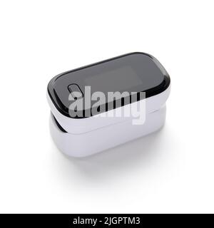 Square close up photo of portable pulse oximeter isolated on white background. Fingertip device for measuring oxygen saturation level in blood and heart rate. COVID-19 pandemic. Health care concept. Stock Photo