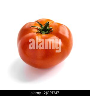 One ripe red-orange tomato isolated on a white background. Healthy food concept. Beautiful organic fresh vegetable. Vegetarian food. Square photo. Stock Photo