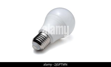 LED lamp with E27 screw base isolated on white background. Close-up photo of single object. Home energy saving concept. Stock Photo