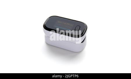 Portable pulse oximeter isolated on white background with copy space. Fingertip device for measuring oxygen saturation level in blood and heart rate, pulse, during the COVID-19 pandemic. Health care. Stock Photo