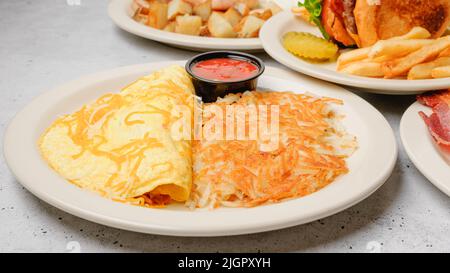 Bacon egg omelet close up on a plate, English breakfast Stock Photo