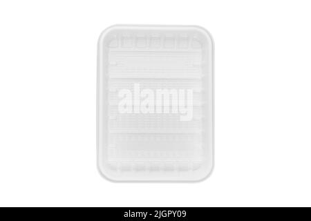 Plastic crate for food disposable top view with clipping path isolated on white background. Plastic packaging design. Empty container template for Stock Photo