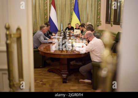 Kyiv, Ukraine. 11th July, 2022. Dutch Prime Minister Mark Rutte, left, during an expanded face-to-face meeting with Ukrainian President Volodymyr Zelenskyy, right, at the Mariinskyi Palace, July 11, 2022 in Kyiv, Ukraine. Credit: Ukrainian Presidential Press Office/Ukraine Presidency/Alamy Live News Stock Photo