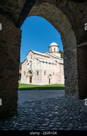 Entrance gate of the Visoki Dečani Monastery,  a medieval Serbian Orthodox Christian monastery located near Deçan, Kosovo. Stock Photo