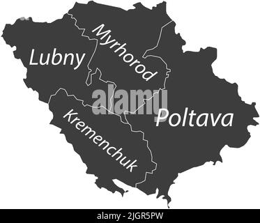Dark gray tagged map of raions of the POLTAVA OBLAST, UKRAINE Stock Vector