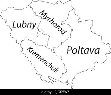 White tagged map of raions of the POLTAVA OBLAST, UKRAINE Stock Vector