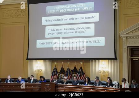 Washington, United States. 12th July, 2022. A video screen is seen during a public hearing of the U.S. House Select Committee to investigate the January 6 Attack on the U.S. Capitol on Capitol Hill in Washington, DC on Tuesday, July 12, 2022. Pool Photo by Sarah Silbiger/UPI Credit: UPI/Alamy Live News Stock Photo
