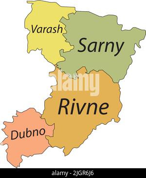 Pastel tagged map of raions of the RIVNE OBLAST, UKRAINE Stock Vector