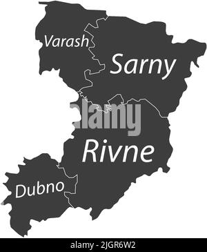 Dark gray tagged map of raions of the RIVNE OBLAST, UKRAINE Stock Vector
