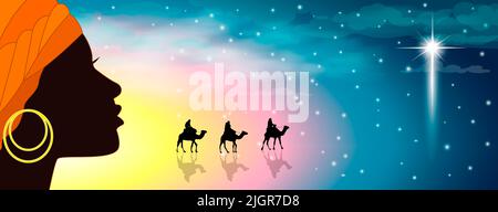 Silhouette of a young woman and a caravan of camels against the background of a starry sky and a shining star. Stock Photo