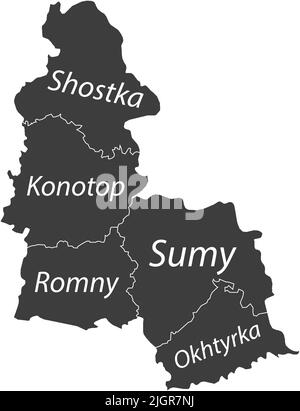 Dark gray tagged map of raions of the SUMY OBLAST, UKRAINE Stock Vector