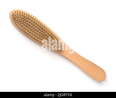 Top view of natural bristle clothes wooden brush  isolated on white Stock Photo