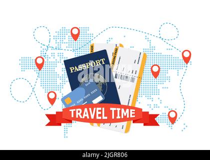 Poster Concept of Tourism Front View with Red 3D Bag and Realistic Item Elements in Yellow Orange Background Design. Vector Illustration Eps 10 Stock Vector