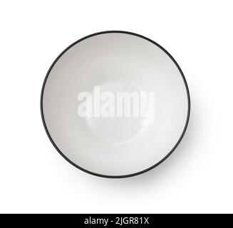 Top view of empty ceramic bowl with black rim isolated on white Stock Photo