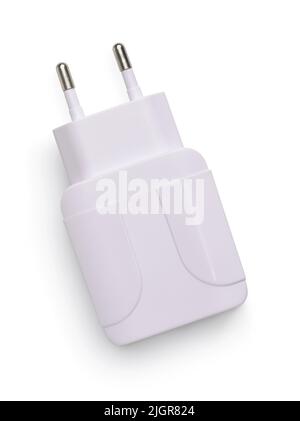 Top view of white plastic electric wall charger plug isolated on white Stock Photo