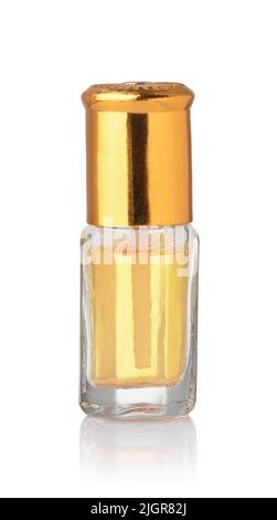 Front view of small perfume sample bottle isolated on white Stock Photo