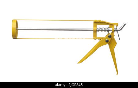 Side view of empty yellow caulk gun isolated on white Stock Photo