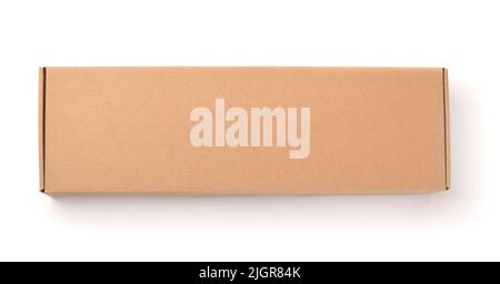 Top view of long closed rectangle blank brown cardboard box isolated on white Stock Photo