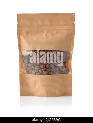 Front view of roasted coffee beans in paper bag isolated on white Stock Photo