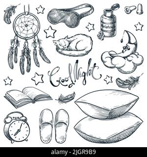 Bedtime bedroom design elements isolated on white background. Vector hand drawn sketch illustration of sleeping moon, feather pillow, alarm clock. Goo Stock Vector