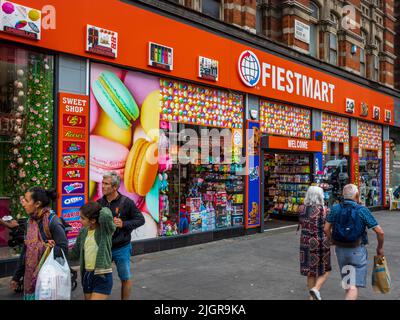 American Style Candy Store in London's West End. Fiestamart candy store at the junction of Oxford St and Tottenham Court Rd, London. US candy stores. Stock Photo