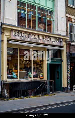 The historic Regent Sounds Studio, now a guitar  shop, in Denmark Street London, a central part of the London music scene. See notes for history. Stock Photo