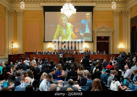Washington, DC, July 12, 2022, A video of Kayleigh McEnany is shown on a screen during the House Select Committee investigating the Jan. 6 attacks hearing on Capitol Hill, Tuesday, July, 12, 2022. Credit: Doug Mills/Pool via CNP Stock Photo