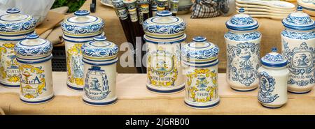 Ancient ceramic jars for the preservation of medicinal herbs in pharmacies Stock Photo