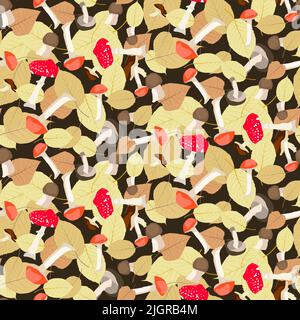 Autumn leaves and mushrooms seamless pattern on dark background. Forest ornament with plant elements for textile, packaging materials, wallpapers, wra Stock Vector