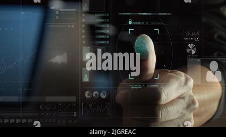 A finger scanning fingerprint biometric identity for approval with VR interface diagram Stock Photo