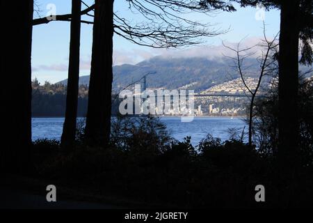 the Lions Gates Bridge and West Vancouver view from Stanley Park, Vancouver, British Columbia, Canada Stock Photo