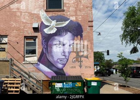 Spray painted mural portrait of American singer, songwriter, musician, record producer, dancer, and actor Prince in Uptown Minneapolis, Minnesota. Stock Photo