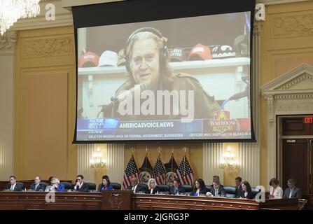 Washington, United States. 12th July, 2022. Steve Bannon, former White House advisor to former President Donald Trump, is seen on a video screen during a public hearing of the U.S. House Select Committee to investigate the January 6 Attack on the U.S. Capitol on Capitol Hill in Washington, DC on Tuesday, July 12, 2022. Pool Photo by Sarah Silbiger/Pool Credit: UPI/Alamy Live News Stock Photo