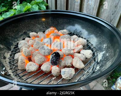 A shot of lit hot coal briquettes on the grill with one black coal on top Stock Photo