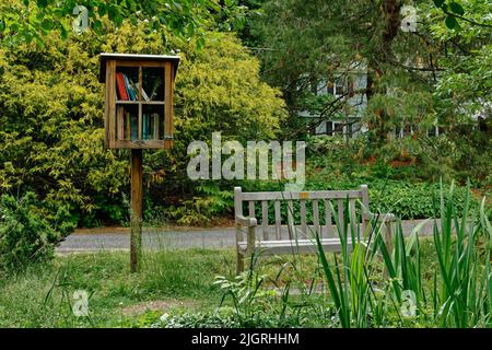 Library Boxe Stands A free library box stands next to a wooden bench in a park at the Acton ...