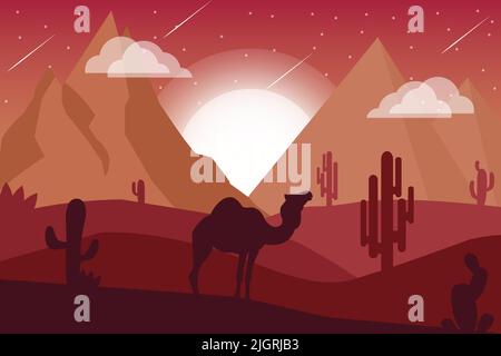 A camel standing in the desert full of cacti with sandy mountains and pyramids in the background Stock Vector