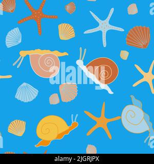 pattern of multicolored snails and starfish, shells without background Stock Vector